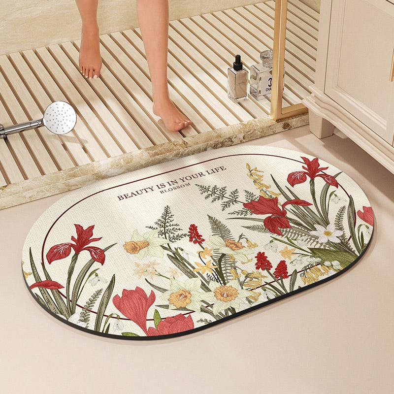 Flower Print Bath Mat Bathroom Super Absorbent Foot Mats Non-Slip Quick Dry Shower Pad Toilet Carpet Doormat Washable