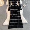 Spring Autumn Women Casual O-neck Beading Striped Knitted Sweater Long Midi Dresses