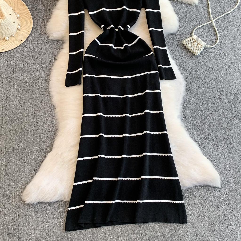 Spring Autumn Women Casual O-neck Beading Striped Knitted Sweater Long Midi Dresses