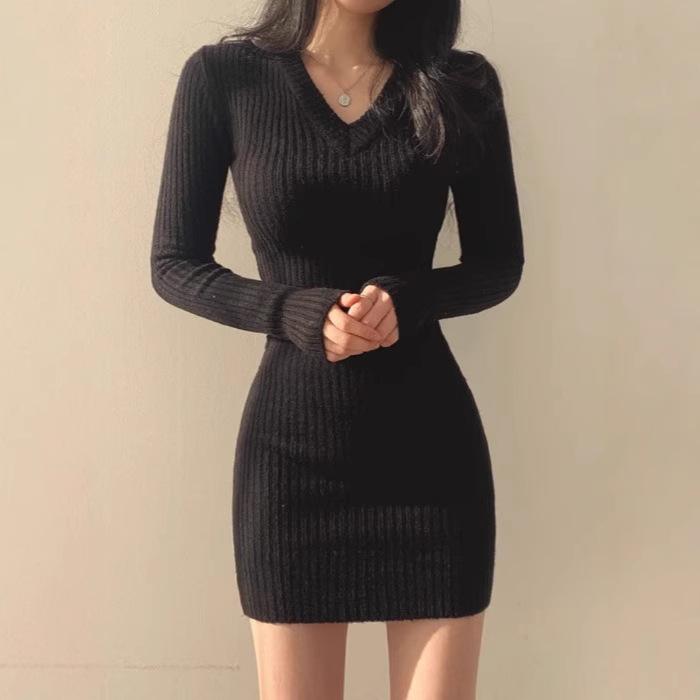 Women's Slimming V-Neck Knitted Sweater Dress - Autumn/Winter, Sexy Slim-Fit, Tight Hip-Hugging Design