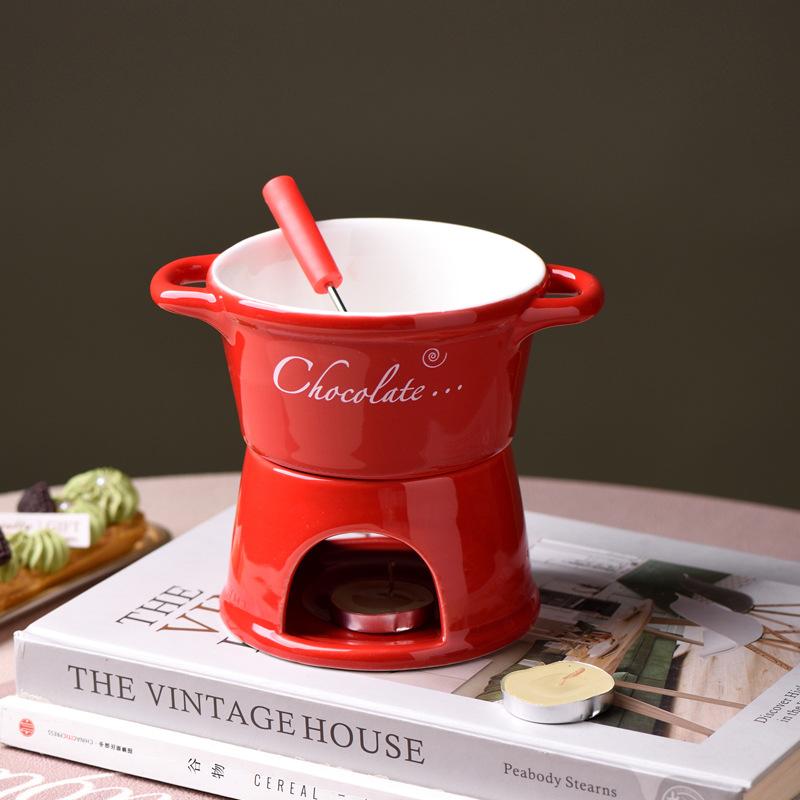 Creative Ceramic Fondue Pot Set with Forks - Ideal for Heating Chocolate and Cheese, Perfect for Home Gatherings