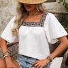 Women Spring Summer Holiday Lace Embroidered Square Neck Pullover Shirt Lotus Leaf Short Sleeve Backless Blouses S-XL