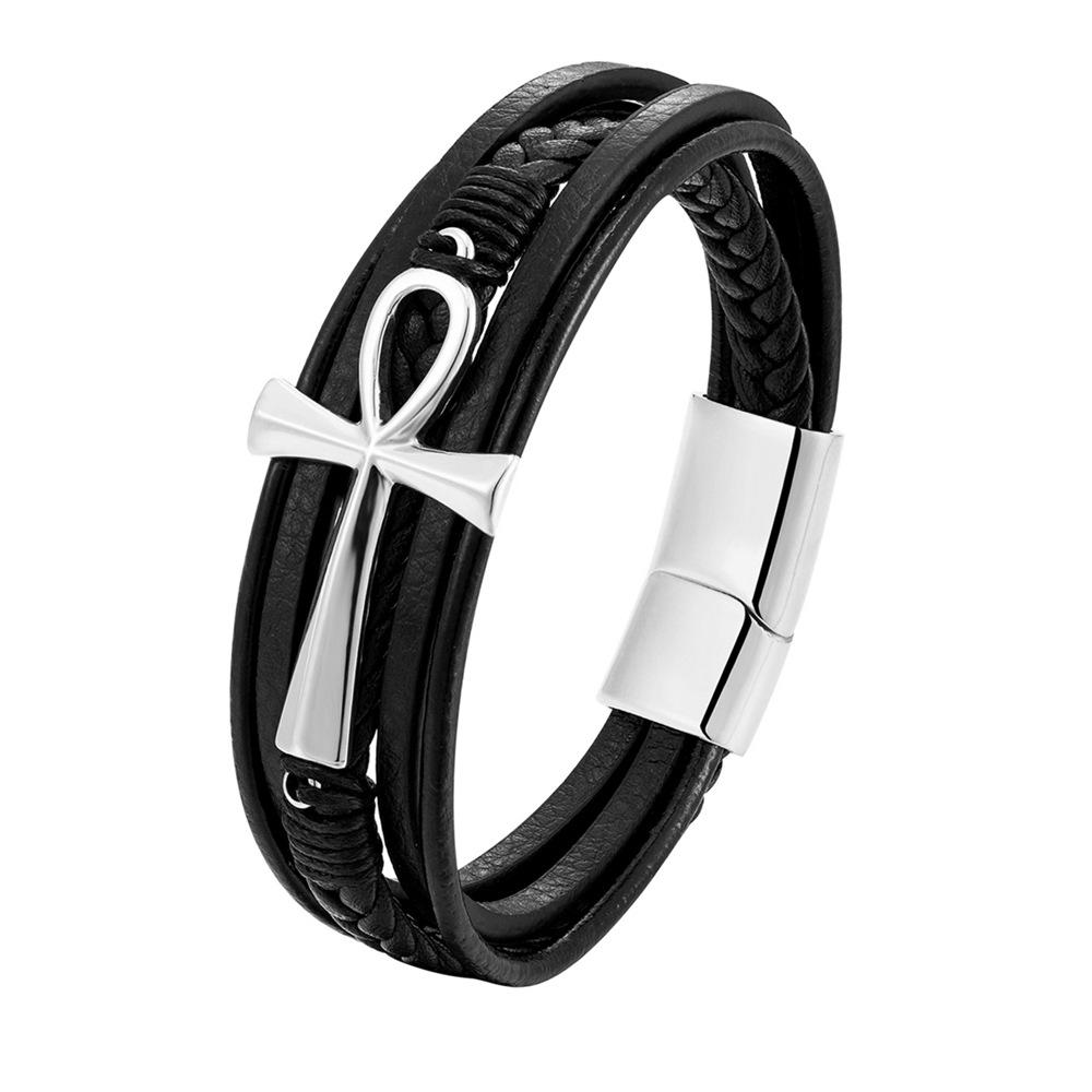 

2026 Multi-layer Woven Leather Bracelet Cross Bracelet Fashion Personality Men 23CM