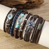Boho Bracelet Set for Men Leather Braided Wrap Bracelet with Wood Beads Bull Skull & Evil Eye Charm Ethnic Viking Style Jewelry