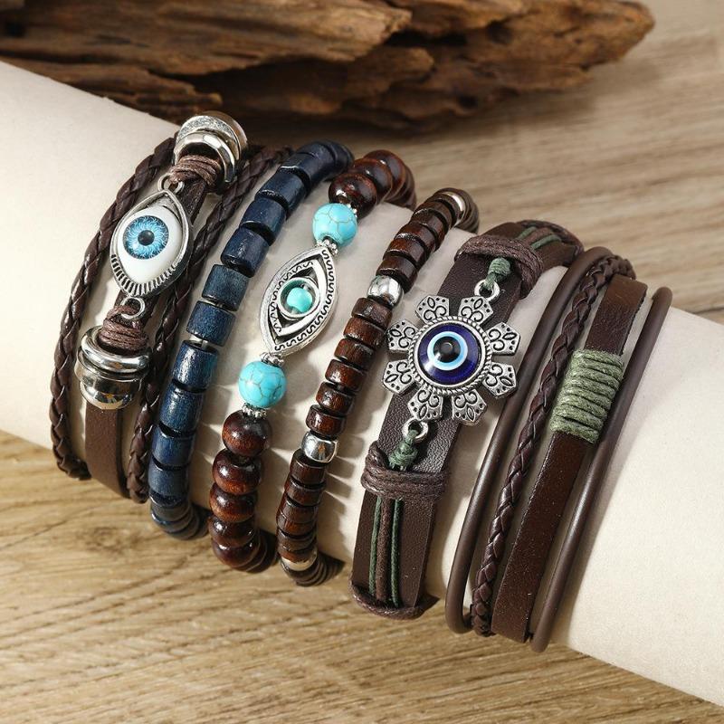 Boho Bracelet Set for Men Leather Braided Wrap Bracelet with Wood Beads Bull Skull & Evil Eye Charm Ethnic Viking Style Jewelry