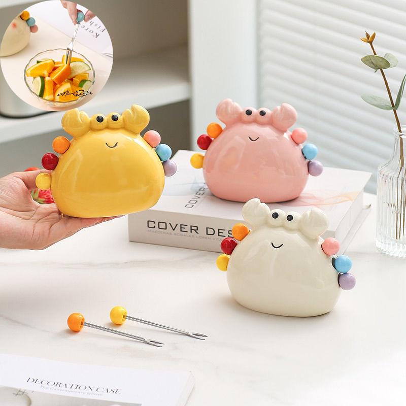 Crab-Shaped Fruit Fork Set With Ceramic Holder Stainless Steel Dessert Forks And Cute Storage Jar Kit For Elegant Serving