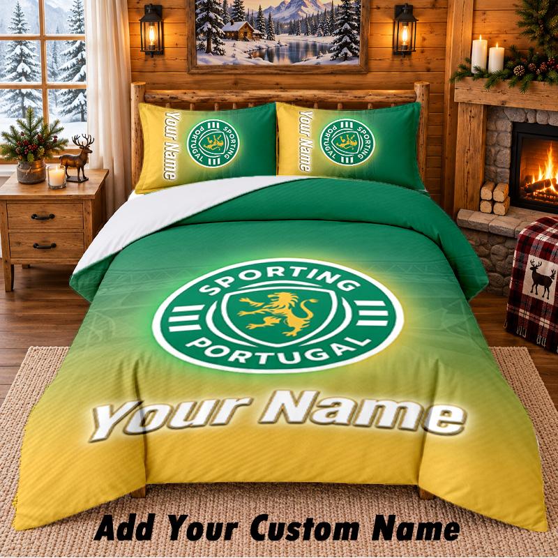 Set de așternut 3 piese cu model Sporting CP Nume personalizat, Cearșaf și Fețe de pernă Pentru Dormitorul de Acasă