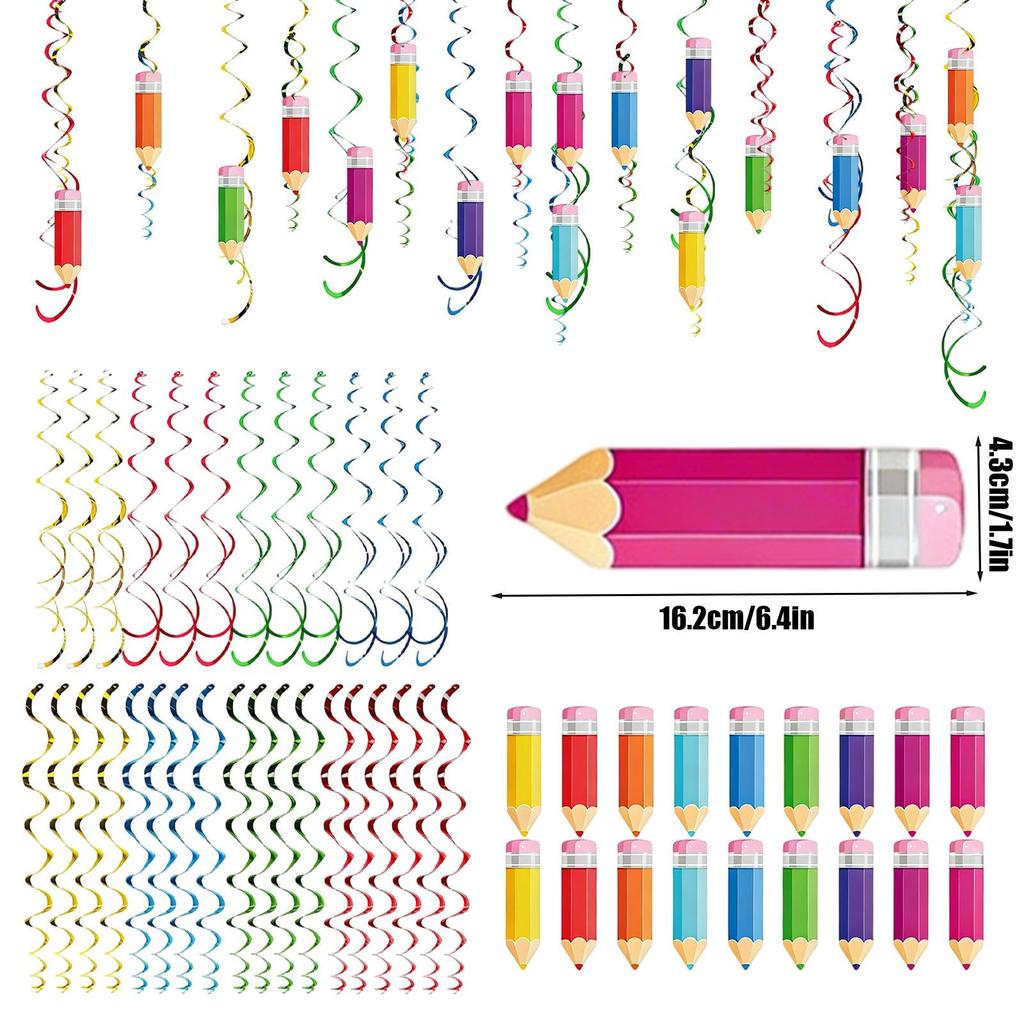 48pcs Colourful Paper Pencil Streamers Pvc Spiral Decoration Spiral Banner Party Ceiling Hanging Ornaments For School Home Kid