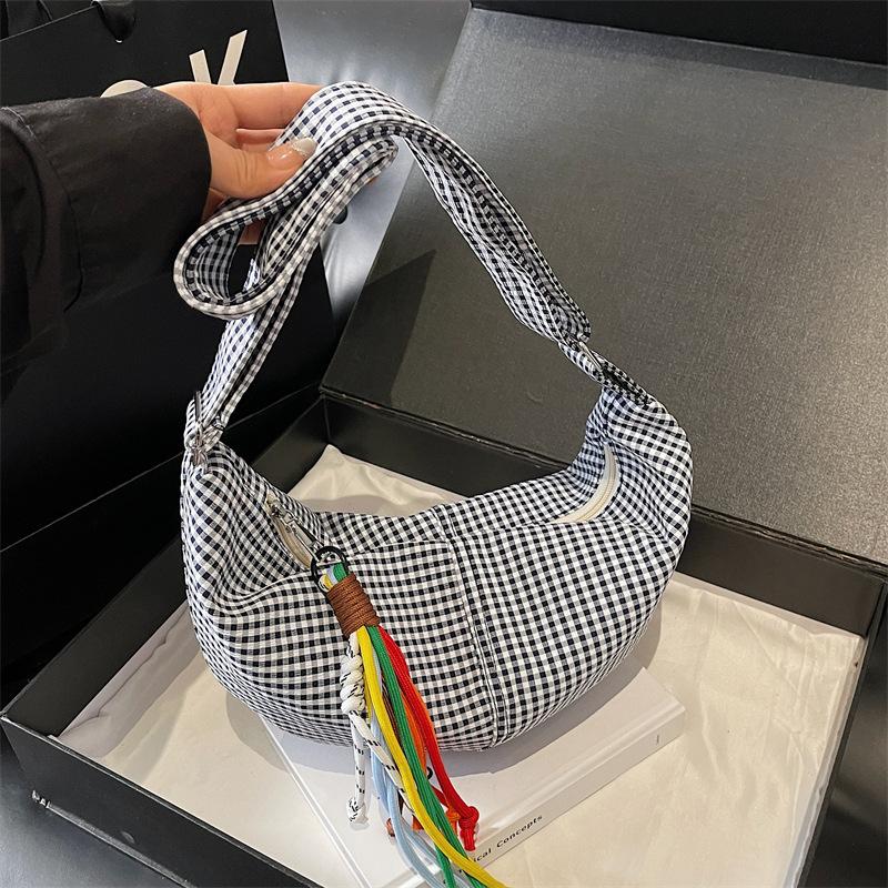 Simple Plaid Hobos Shoulder Bags for Women Large Capacity Ladies Crossbody Bag Casual Student Handbag Tote Colorful Rope Pendant