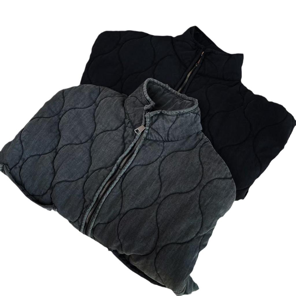 Autumn/Winter European & American Stand Collar Zipper Jacket with Large Pockets & Tie, Women's Long Sleeve Washed Cotton Coat