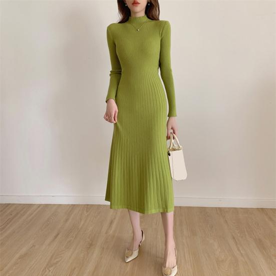 Women's Knitted A-Line Dress Half High Neck Long Sleeve Knee-Length Dress Winter Ribbed Sweater Dress Ladies Office Outfit