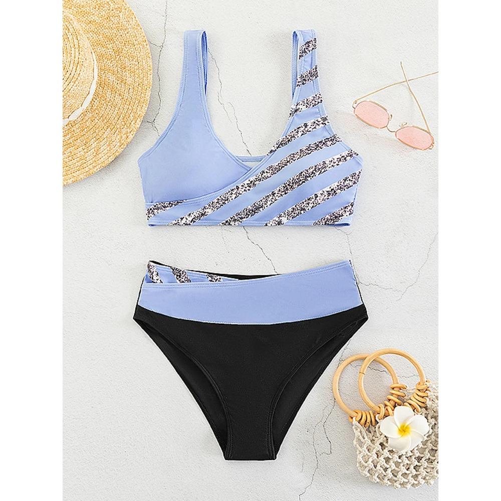 Bikini set s V výstřihem 2026 Dámský pruhovaný patchworkový plavecký úbor Letní plážové oblečení Plavky Ženské plavky Koupací plavky 3XL
