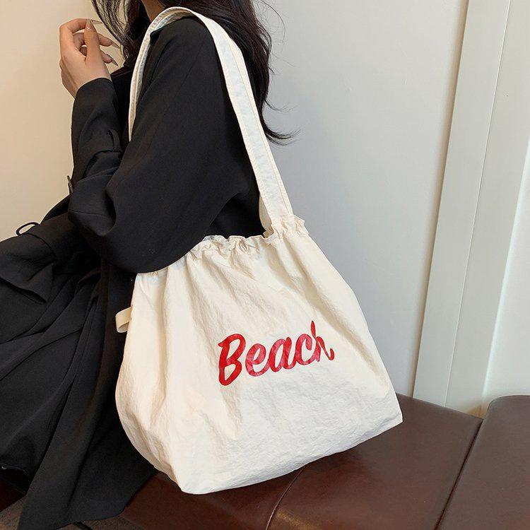 Korean Style Women's Large Nylon Tote with Letter Print, Drawstring, and Single Shoulder Strap