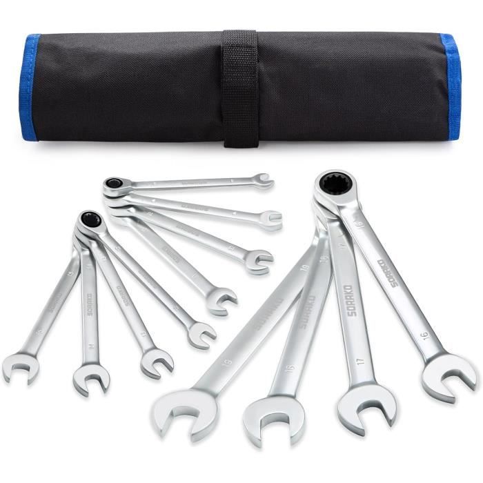 Clé plate à cliquet - sorako - 12 pièces - acier chrome-vanadium - sac de rangement - 8-19 mm