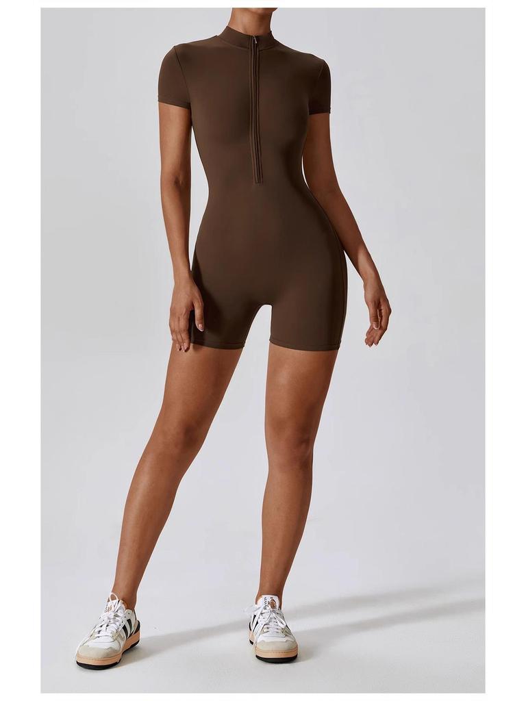 Women's Summer Zipper Short Sleeve Yoga Bodysuit Jumpsuit