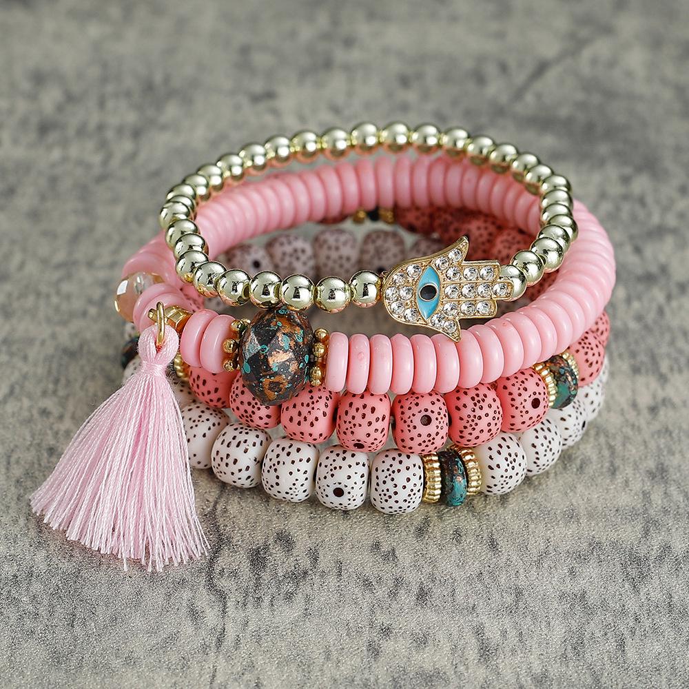 Bracelet bohème multicouches en perles avec pompon et motif palmier contre le mauvais œil pour homme et femme