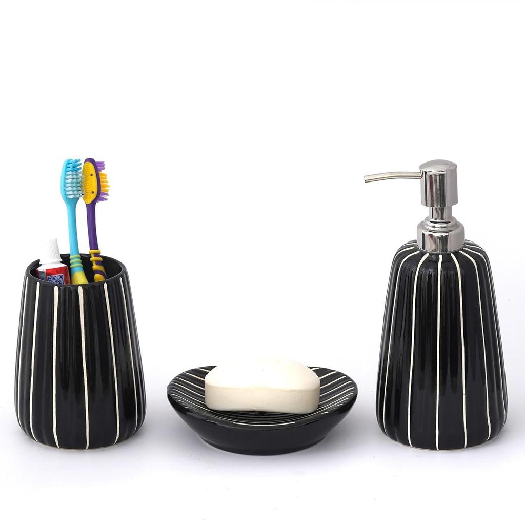 Premium Ceramic Bathroom Accessories Set of 3 | Modern Luxury Bath Set with 300ml Soap Dispenser, Toothbrush Holder & Soap Dish | Home Decor Items