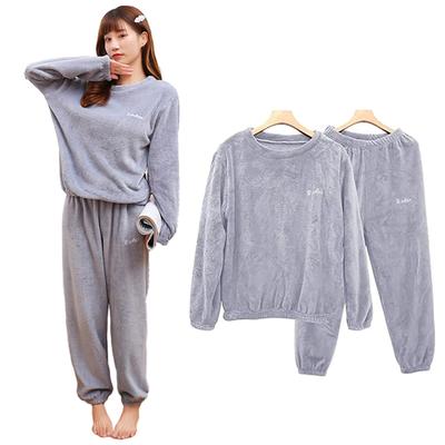 Gfuracefuliayer Long Sleeve Cute Solid Embroidered Loungewear Crew Coral Velvet Women's Pajamas, Autumn/Winter, Set, Casual, Soft, Warm, Neck, 2-Piece