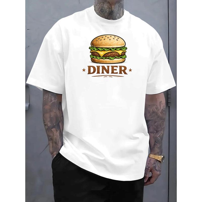 European sizes American Retro Diner Style "Burger Diner" Printed Men'S T-Shirt | Summer Breathable Short-Sleeve