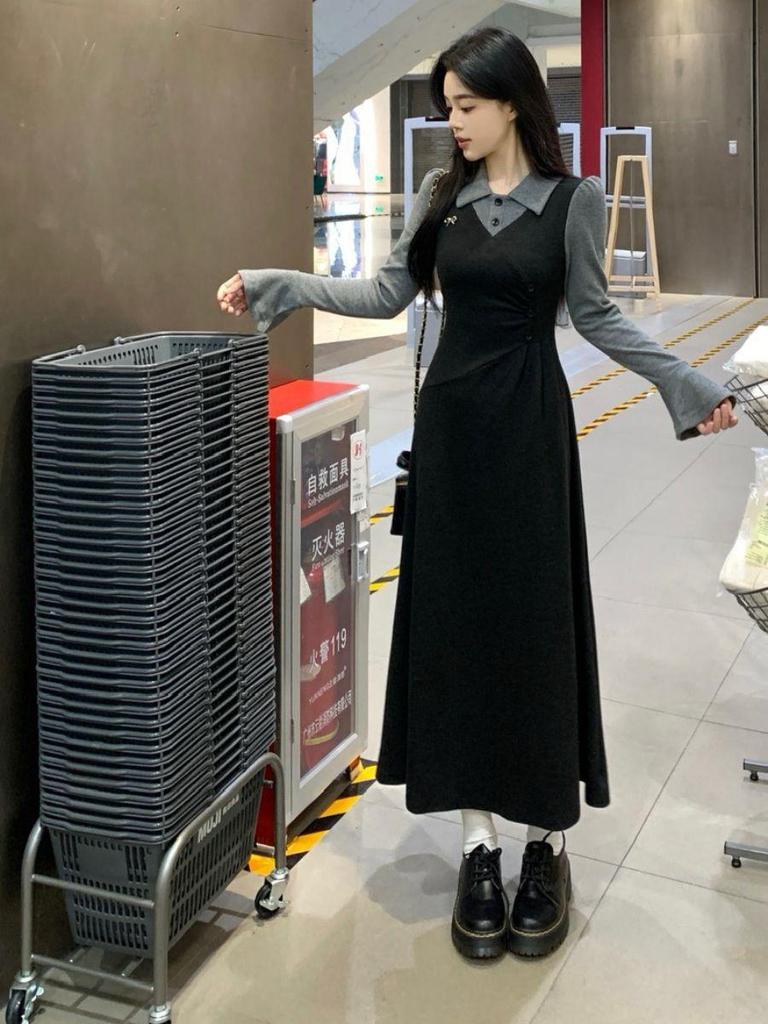 Elegant French Retro Faux Two-Piece Patchwork Dress for Curvy Women - Autumn/Winter Long Skirt.