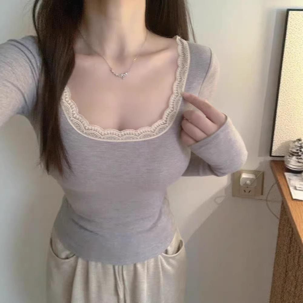 

Топ с кружевной отделкой Pure Desire, U-образный вырез, приталенный, с длинным рукавом, для осени/зимы S розовый