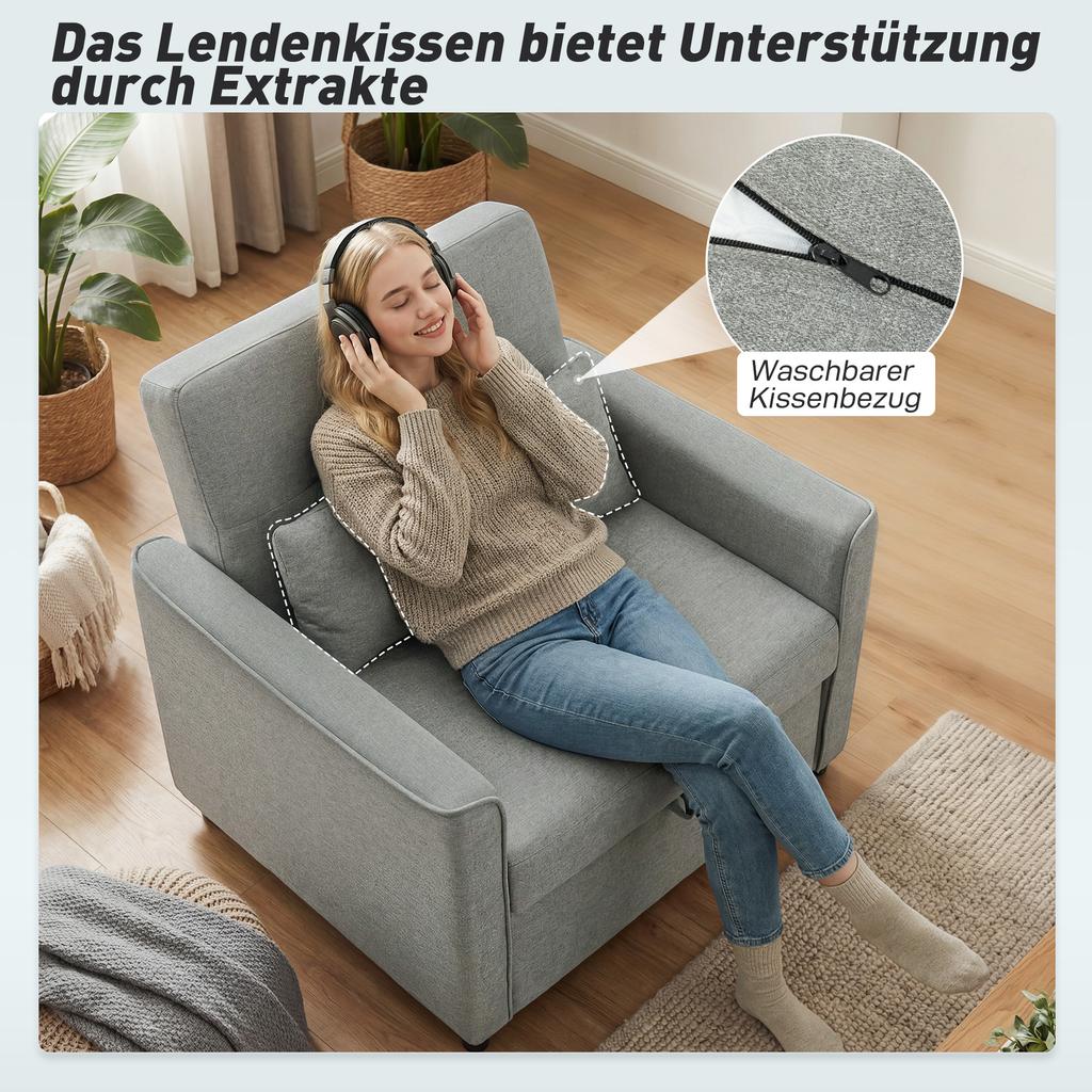 3-in-1 Sleeper Chair, Pull-Out Sofa Bed Chair with Adjustable Backrest, Grey