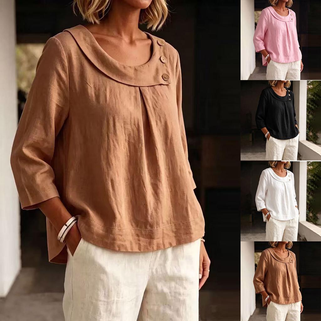 Women's Casual Linen Top with Round Neck and Three-Quarter Sleeves for Work and Daily Wear