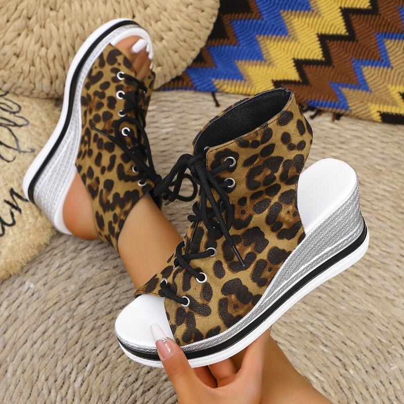 Leopard Print Large Size Wedge Heel Sandals Women's Summer New Muffin Platform Sandals