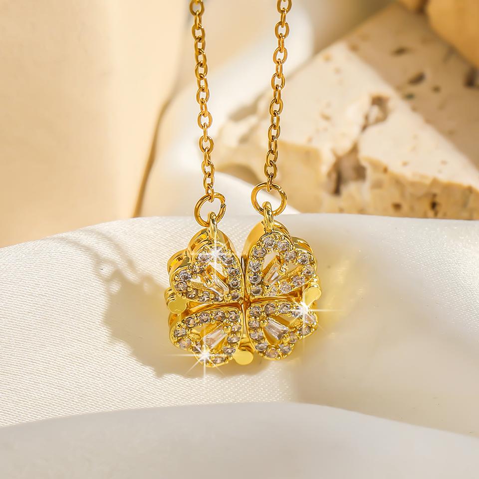 

ZAKOL Romantic Heart Lucky Four Leaf Clover Necklaces For Women Girls Gold Color Crystal Clavicle Chain Choker Zircon Gifts