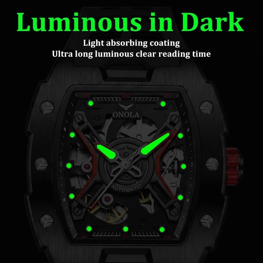 Luminous Skeleton Self Winding Mechanical Watches for Men Tonneau Shape Waterproof Sports Watch Rubber Strap