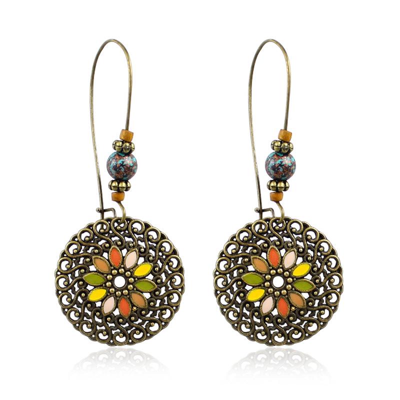 Retro Ethnic Metal Sunflower Earrings - Five-Color Hollow Design
