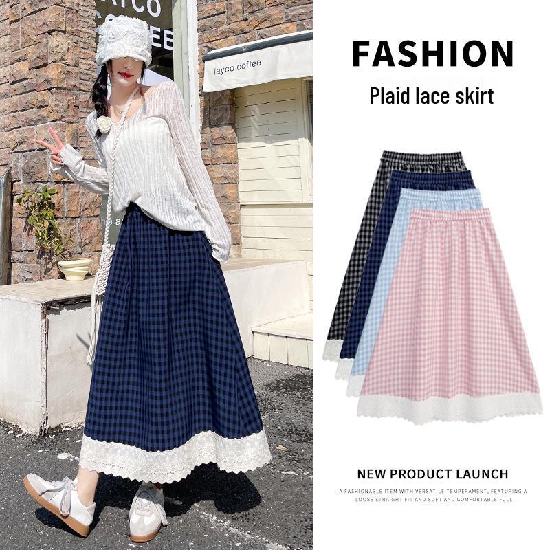 Women's High Waist Checkered Lace Trim A-line Midi Skirt (2025)