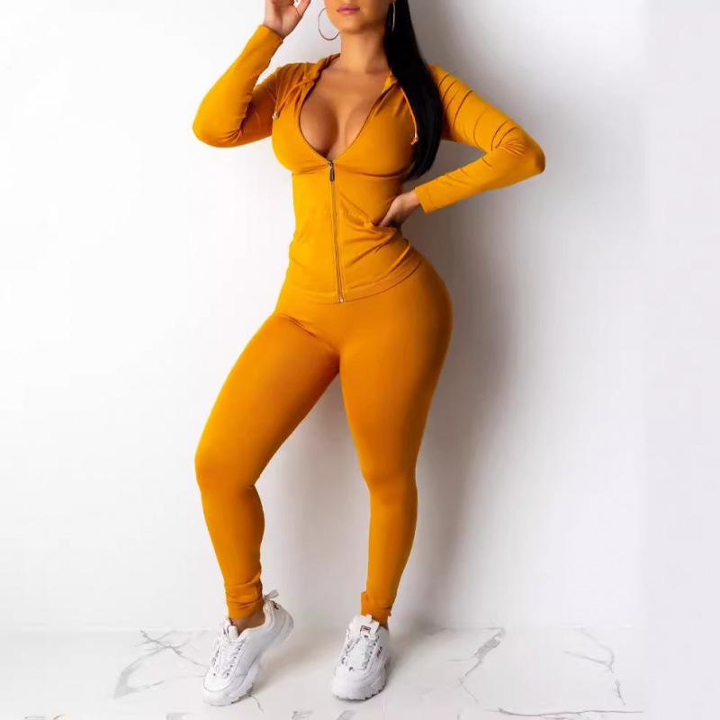 2024 Spring Sexy Casual Hooded Solid Color Two-Piece Set