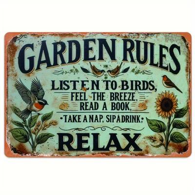 1pc 8x12 Inch Vintage Garden Rules Metal Wall Sign - Rustic Iron Decor w/Motivational Quotes, Distressed Green & Birds/Sunflo