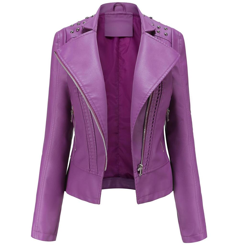 Women Faux Leather Jacket Moto Biker Short Coat PU Motorcycle Racer Lapel Collar Crop Blazer Punk Rock Stylish Outwear with Rivets Fashion Tops Outfit