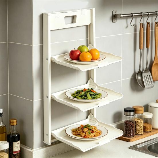 Kitchen Storage Rack Wall Mounted with Suction Cup Organizer Foldable Serving Platter Countertop Shelf for Bowls Plates