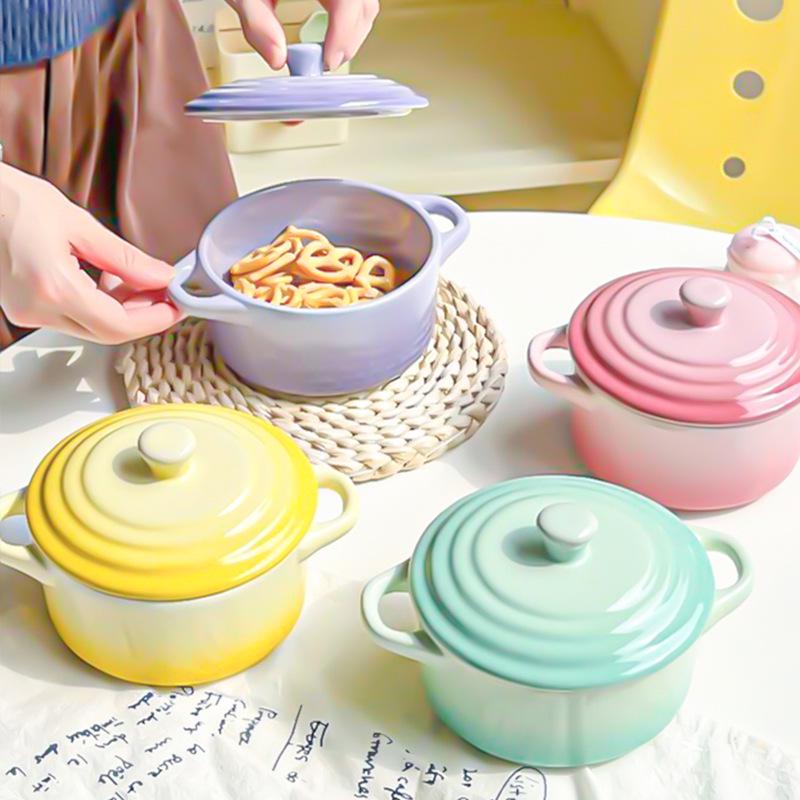 Gradient Ceramic Underglaze Stew Pot with Lid - Double Ear Bowl for Soup, Stews, or Steamed Eggs