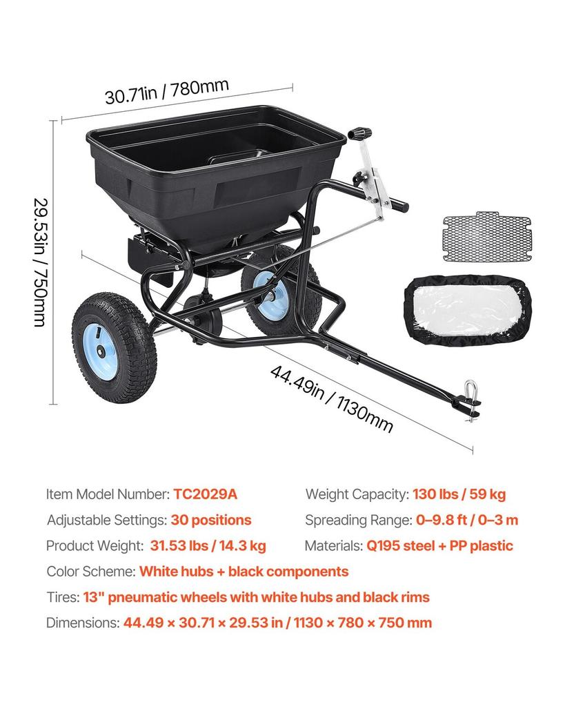 Tow Behind Broadcast Spreader, 130LBS Capacity, Tow/Push Garden Spreader with 13 In Tires, 30 Adjustable Setting & 9.8 Ft Spreading Width, Lawn