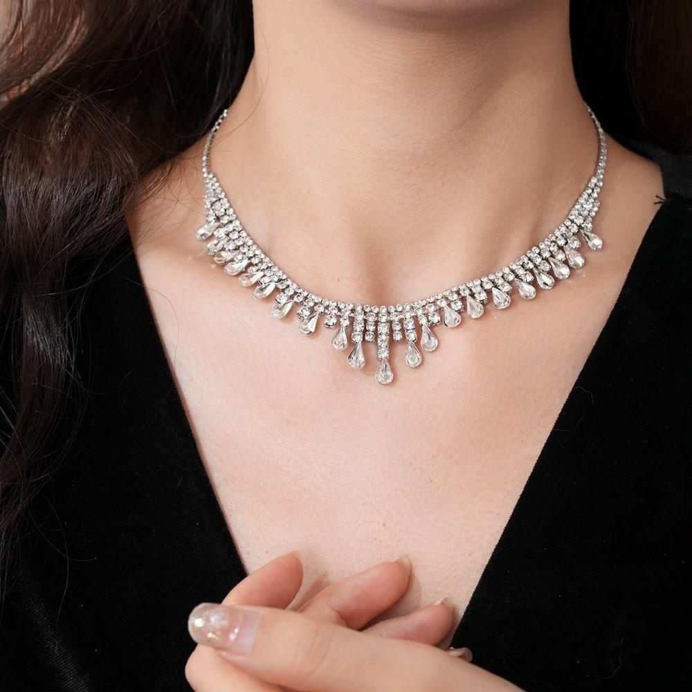Water Drop Rhinestone Jewelry Set Inlaid Crystal Necklace Set Tassel Necklace Earrings Set Bridal