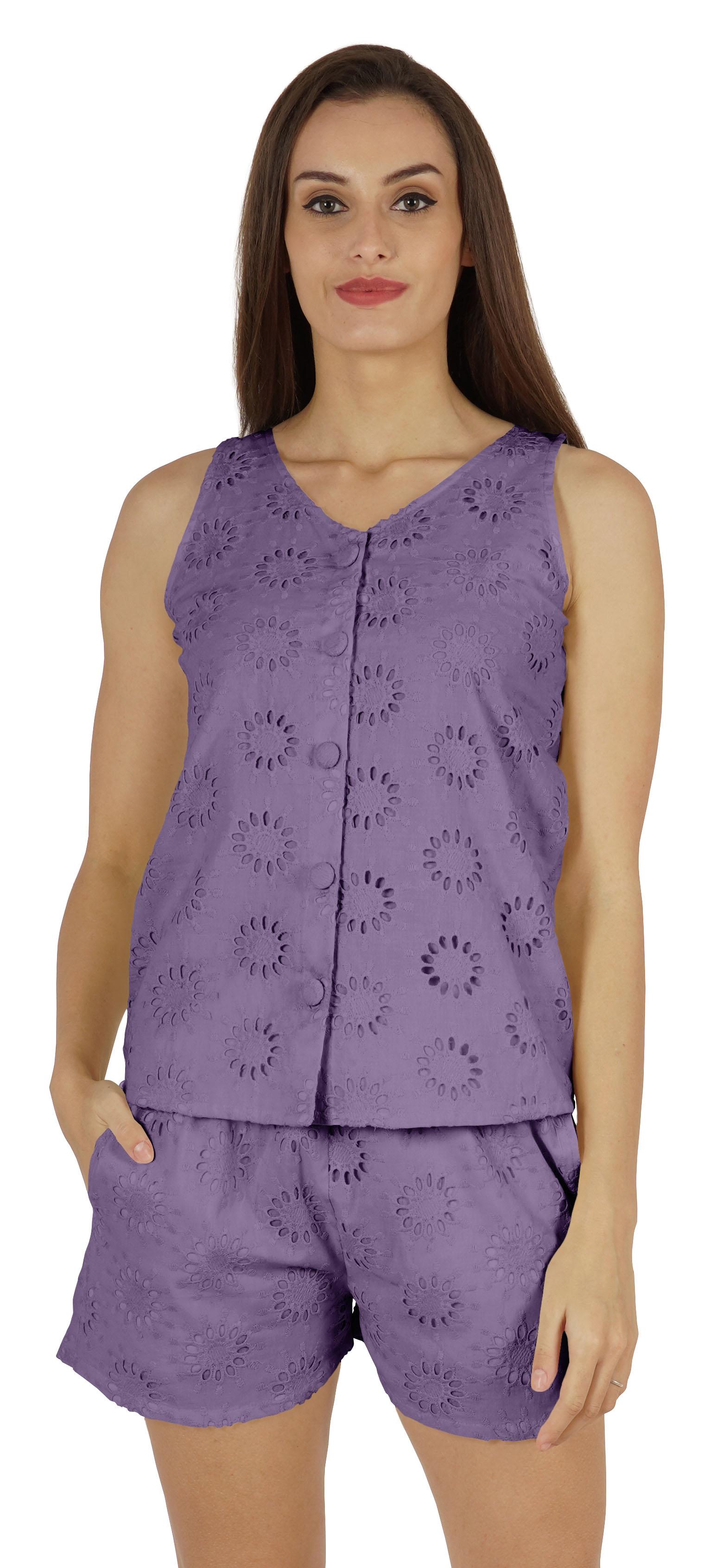 

Bimba Однотонний топ Шиффлі та короткий комплект нічного одягу для повсякденного жіночого одягу з 2 предметів XXL Фіолетовий