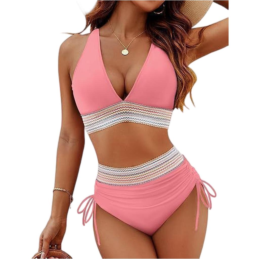 Women High Waisted Bikini Sets Tummy Control Swimsuits Color Block Two Piece Drawstring Bathing Suit Adjustable Shoulder Straps