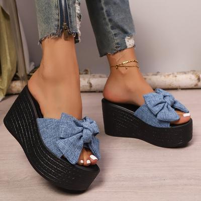 Women’s Bow Accent Peep-Toe Wedge Roman Slide Sandals