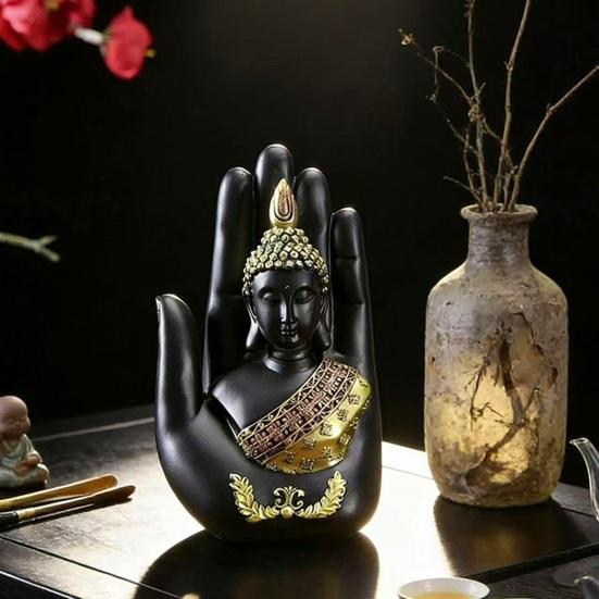 Palm Buddha Statue Meditating Thai Buddha Sitting Figurine Spiritual Sculpture for Home Office Zen Decor