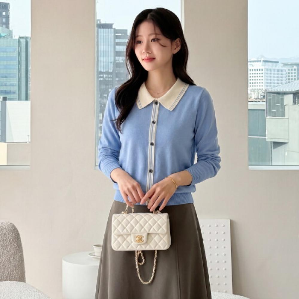 MorriS Coming Home Women S Two Line Color Block Flat Collar Button Knit M2602kn