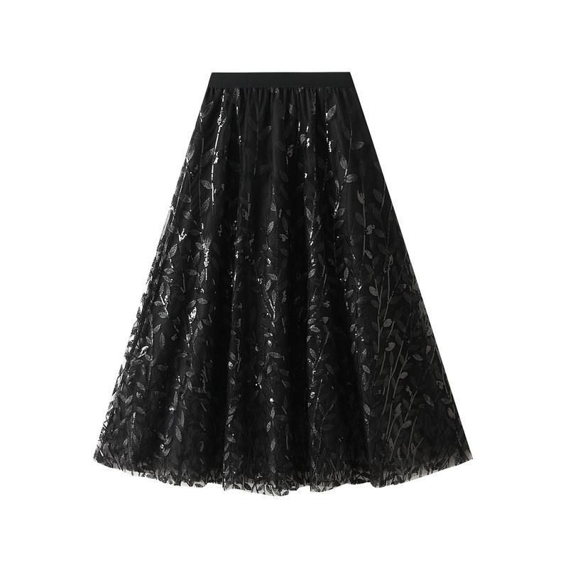 Qooth Leaf Sequin Tulle A-Line Maxi Skirt High Waist Elegant Embroidered Design QT2513 One Size чёрный