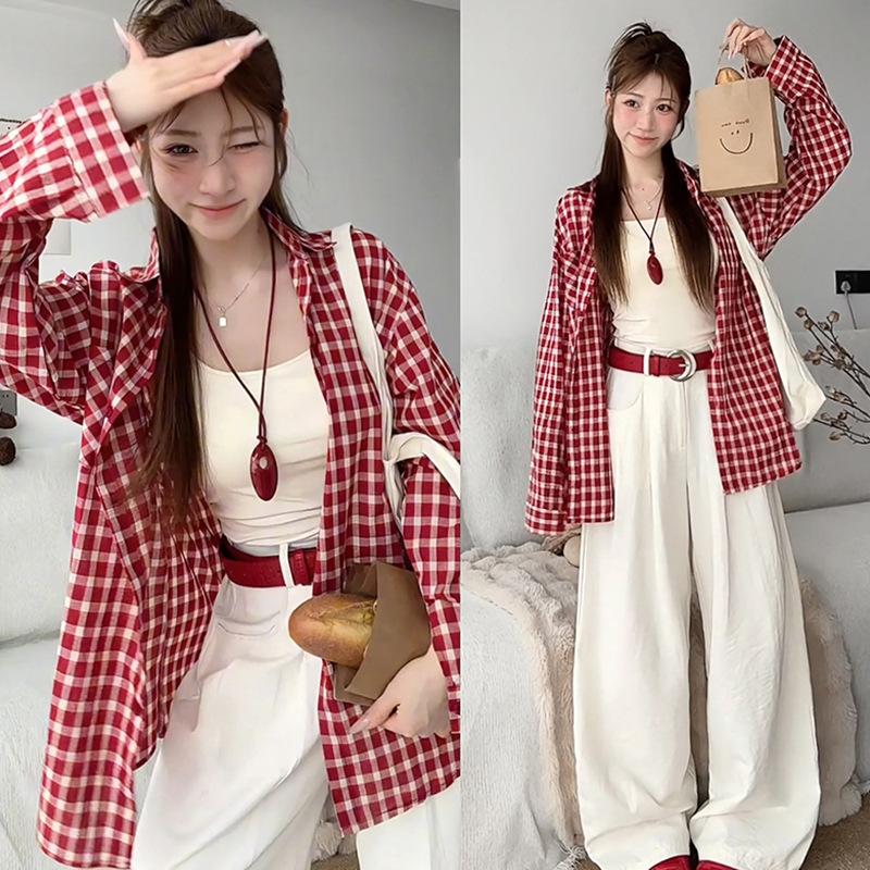 

Korean Red Plaid Shirt for Women In Summer New Lazy Loose Casual Shirt Sun Protection Jacket M жовтий