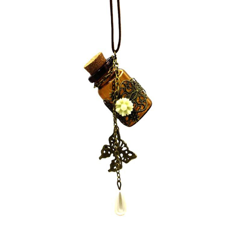 C181 Vintage Daisy Glass Wishing Bottle Necklace with Leather Cord and Butterfly Pendant