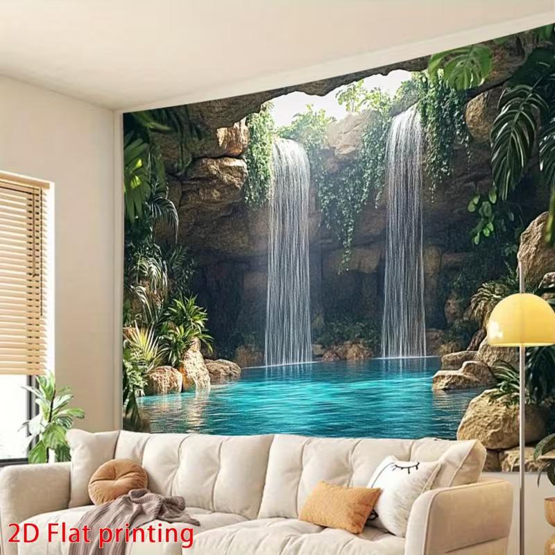 2D Jungle Cave Waterfall Wall Tapestry Blue Lagoon Background Cloth for Home Decor