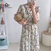 Jaro Léto Nový styl Výstřih do V Šifon se středním rukávem Elegantní dlouhé šaty Žena Neformální plážové šaty