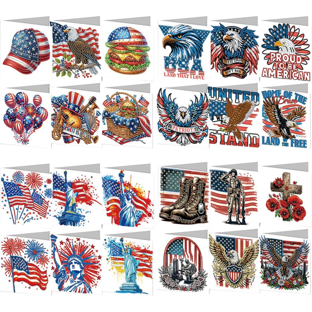 6pcs DIY Independence Day USA Flag Rhinestone Diamond Art Mosaic Postcards Diamond Art Greeting Cards for Independence Day